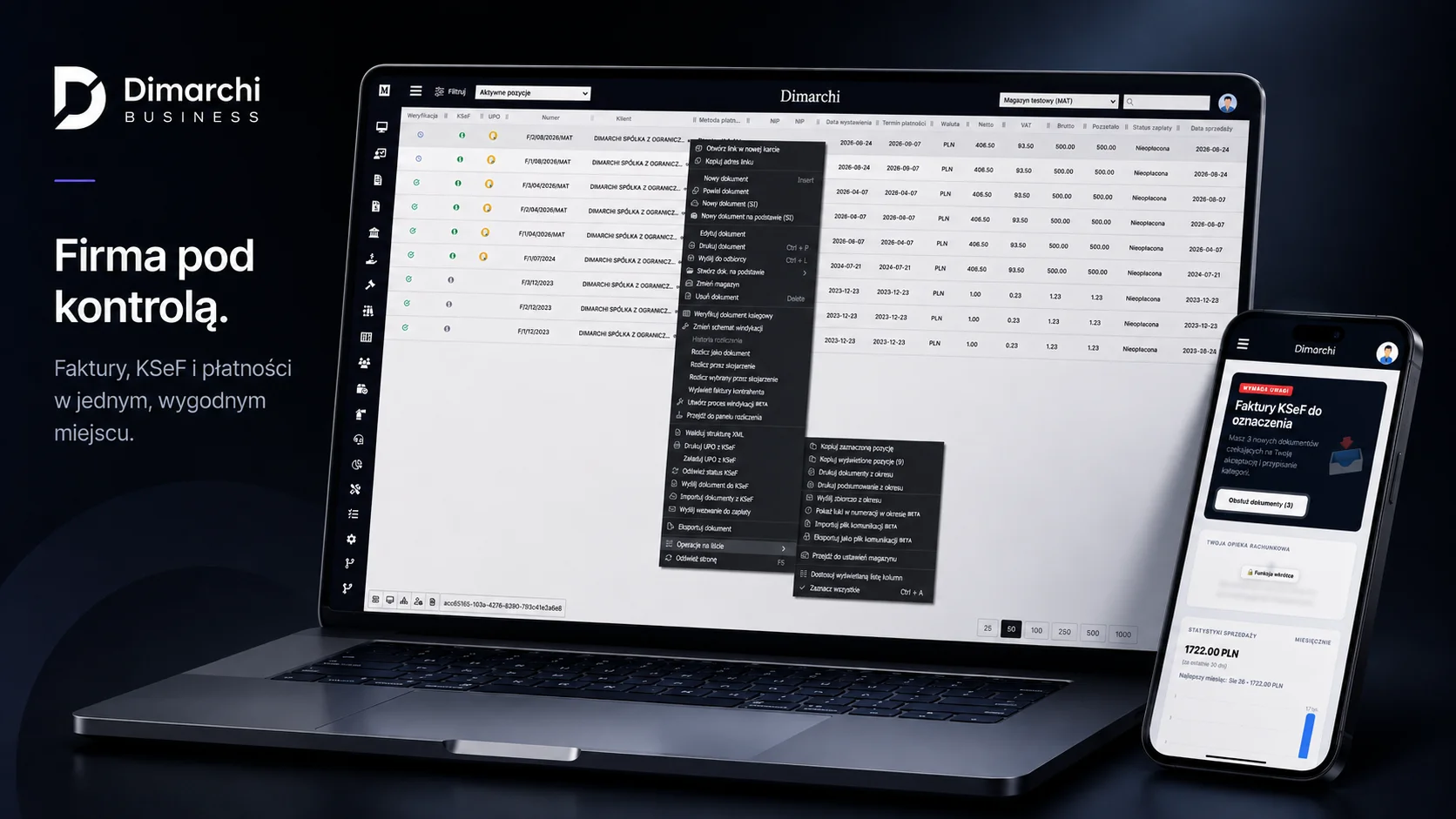 Dimarchi Business: lista faktur i panel mobilny programu